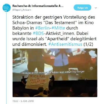 Berlin: BDS stört Aufführung des Holocaust-Films `Das Testament´